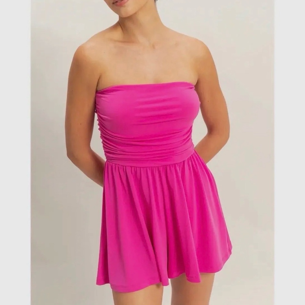 Strapless Shirred Waist Romper - Fushia